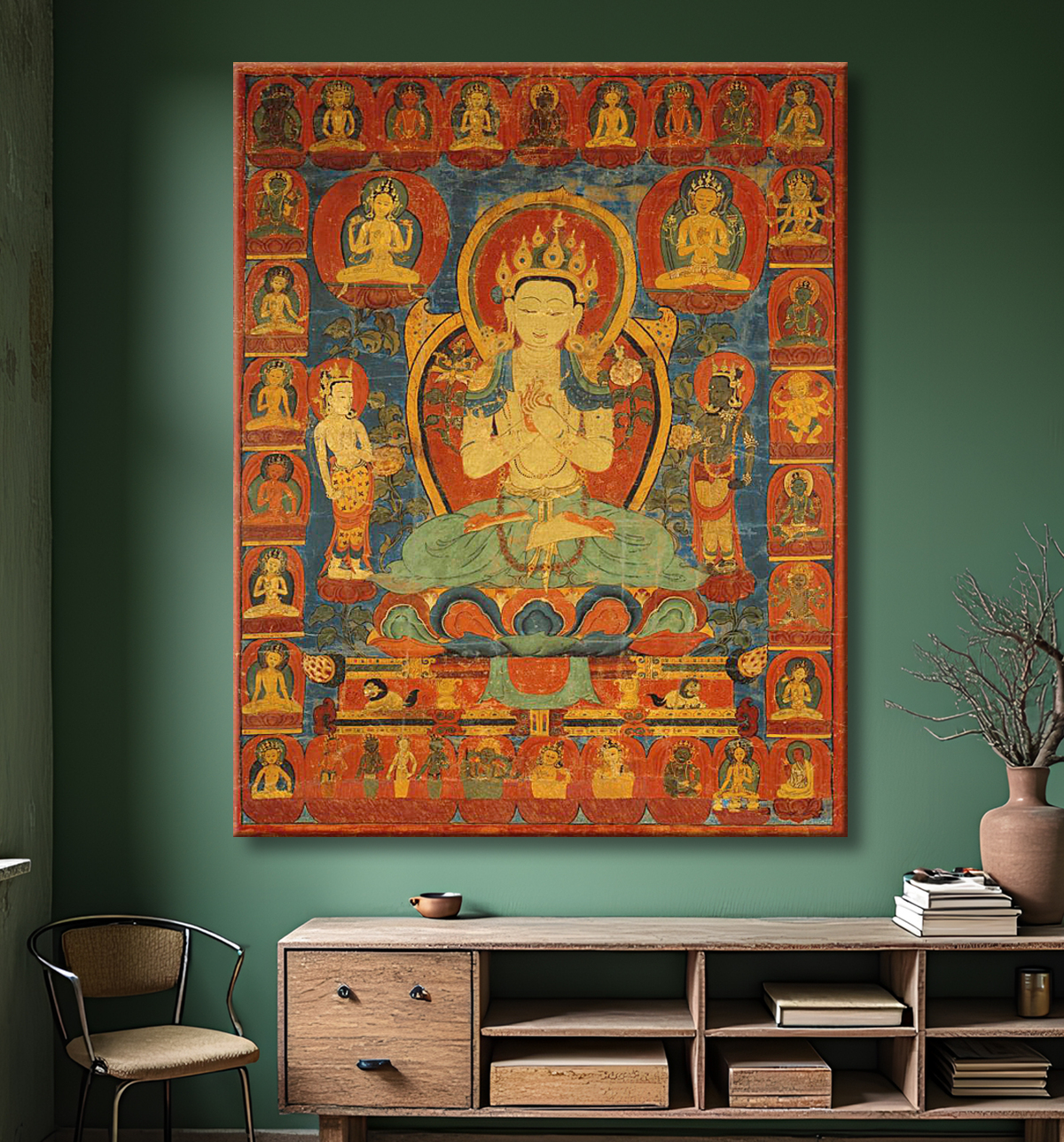 Reproduction Bannière peinte (Thangka) du bodhisattva Maitreya entouré de sa suite avec decor