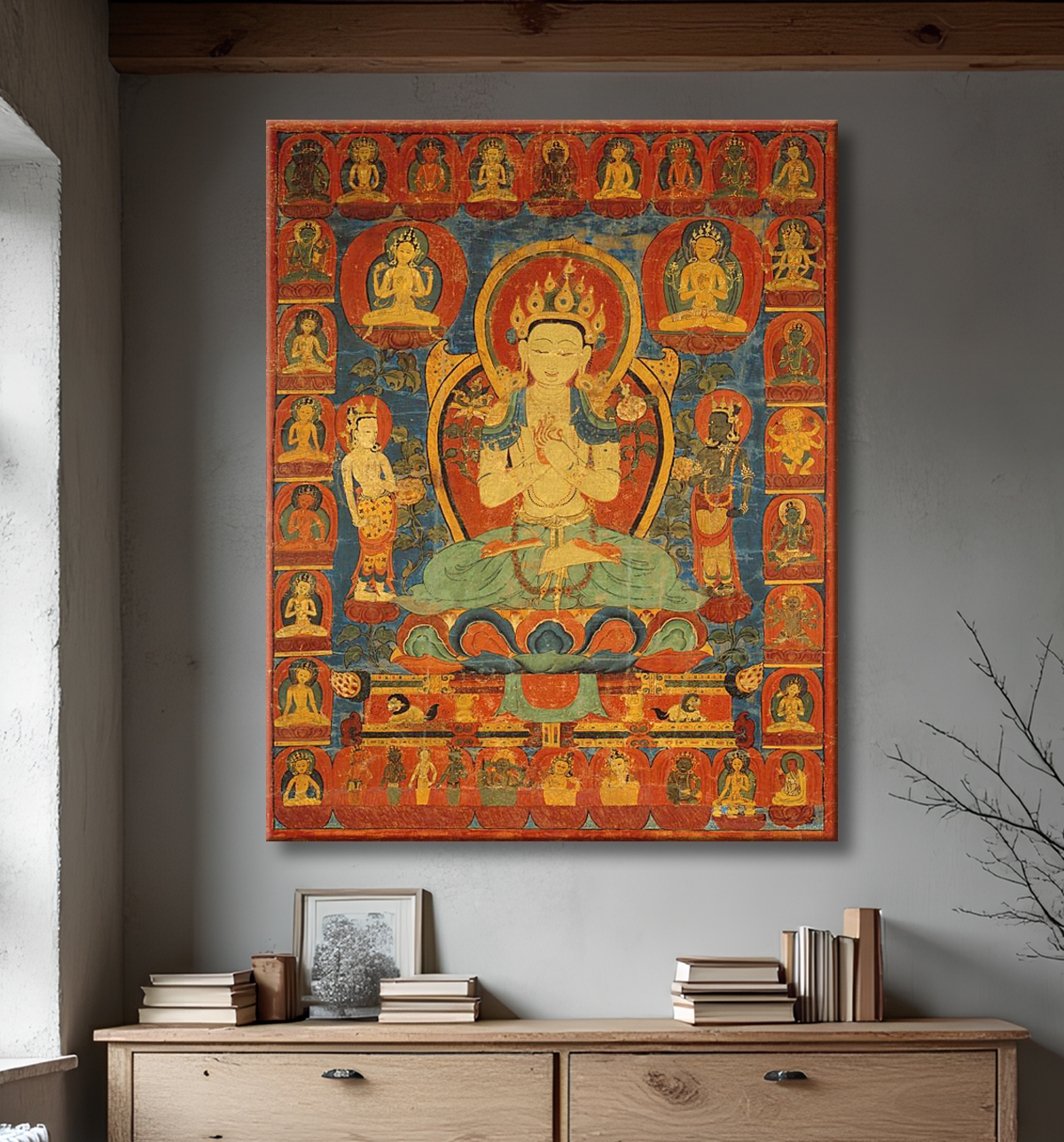 Reproduction Bannière peinte (Thangka) du bodhisattva Maitreya entouré de sa suite avec decor