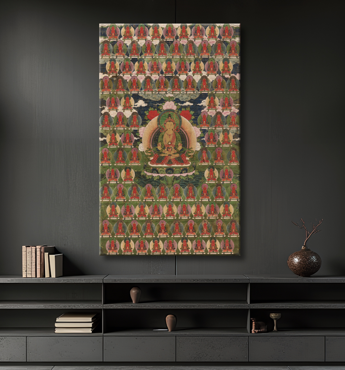 Reproduction Bannière peinte (Thangka) du Bouddha Amitayus entouré de cent bouddhas avec decor