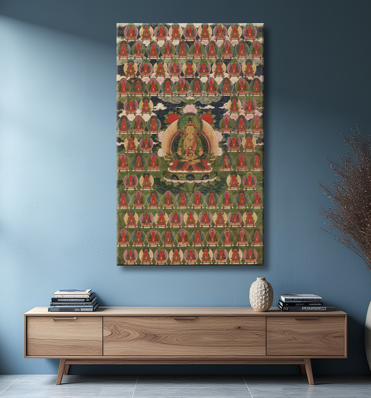 Reproduction Bannière peinte (Thangka) du Bouddha Amitayus entouré de cent bouddhas avec decor