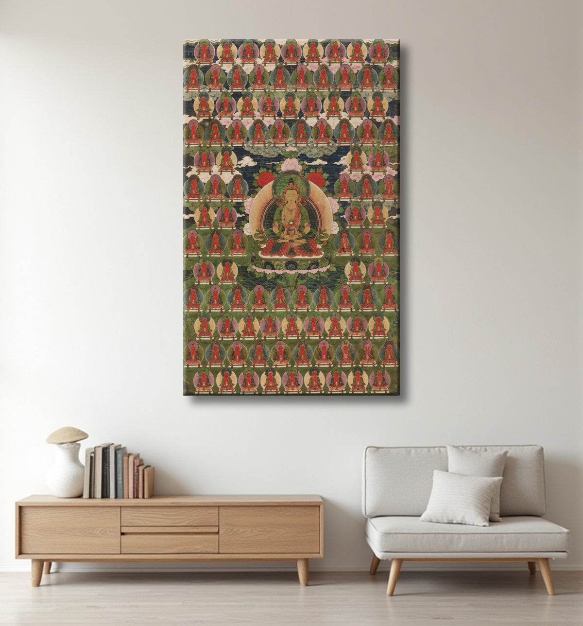 Reproduction Bannière peinte (Thangka) du Bouddha Amitayus entouré de cent bouddhas avec decor