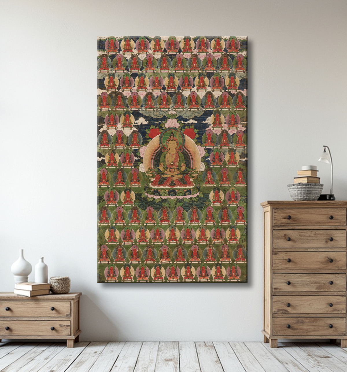 Reproduction Bannière peinte (Thangka) du Bouddha Amitayus entouré de cent bouddhas avec decor