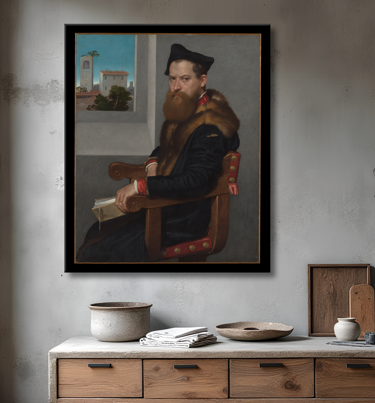 Reproduction Bartolomeo Bonghi (mort en 1584) de Giovanni Battista Moroni avec decor