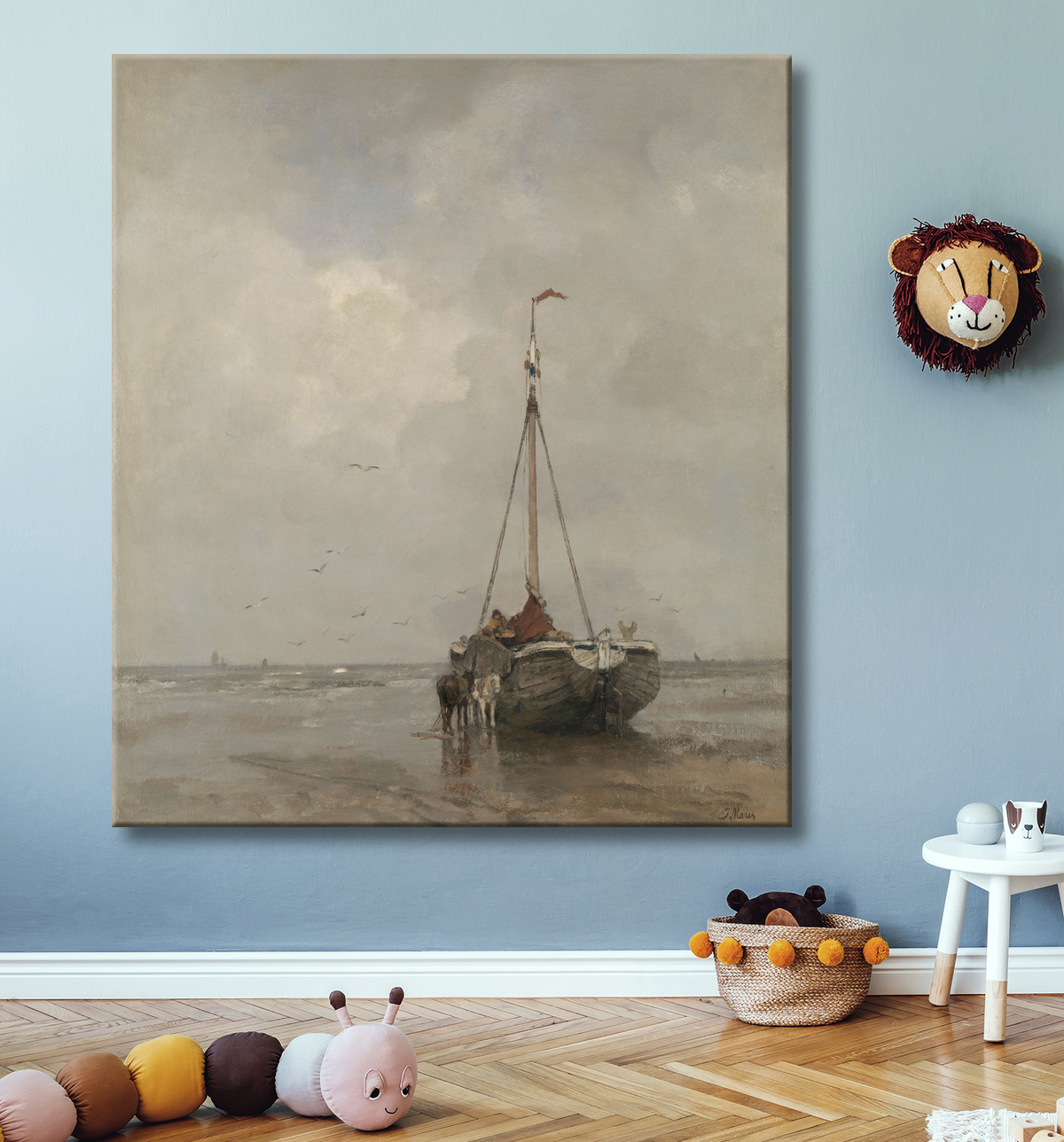 Reproduction Bateau de pêche à la proue sur la plage de Scheveningen de Jacob Maris avec decor