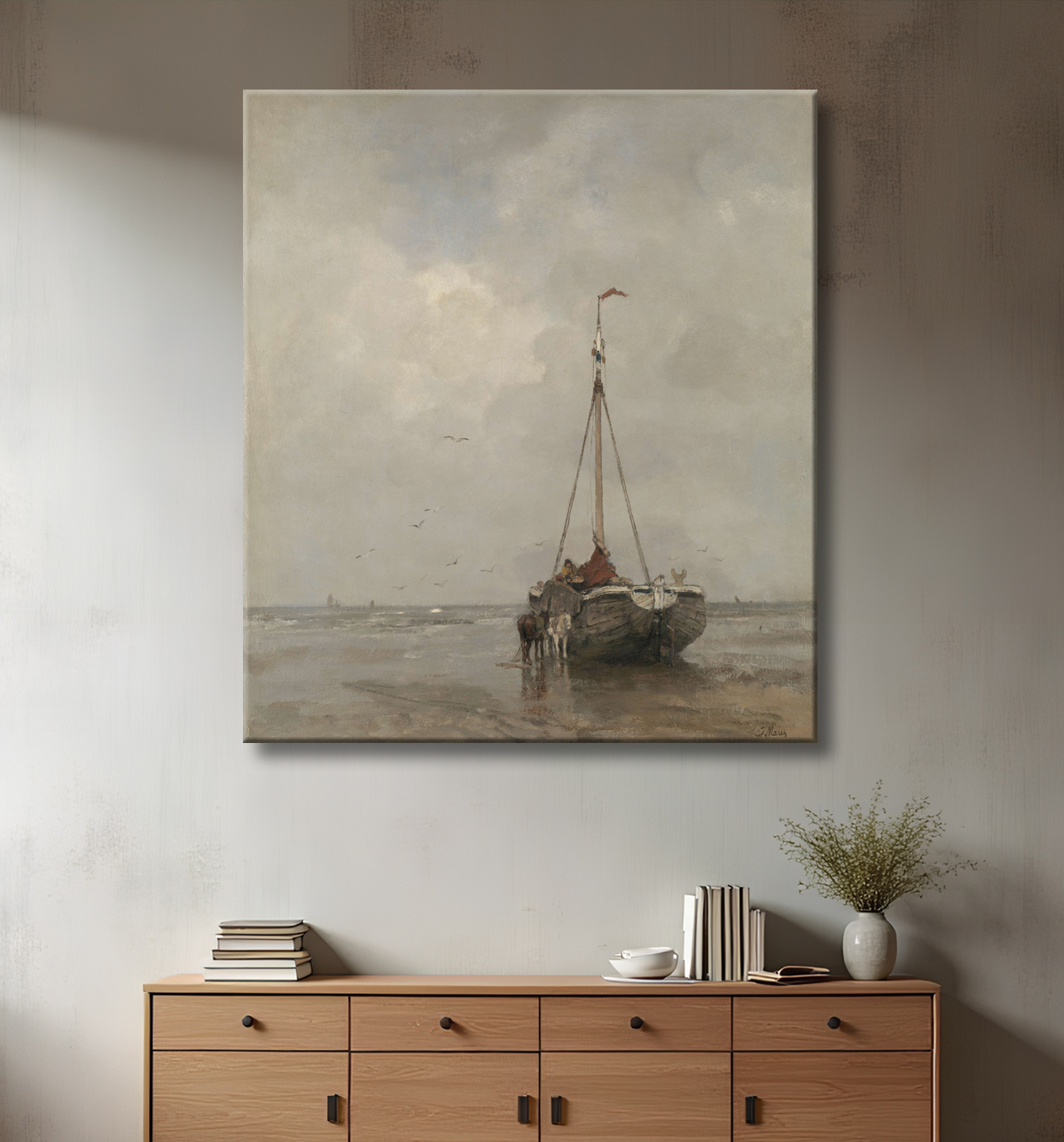 Reproduction Bateau de pêche à la proue sur la plage de Scheveningen de Jacob Maris avec decor
