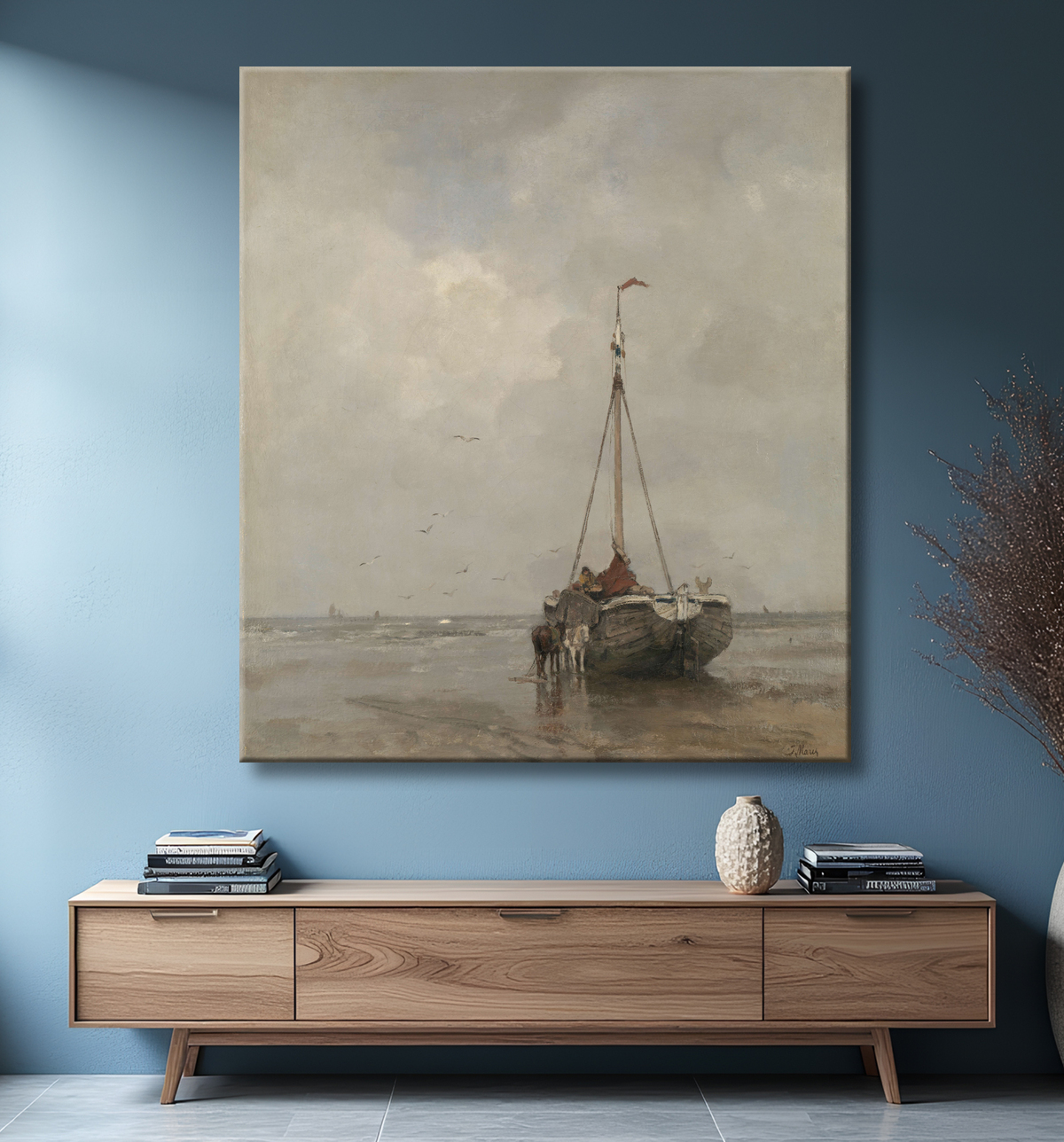 Reproduction Bateau de pêche à la proue sur la plage de Scheveningen de Jacob Maris avec decor
