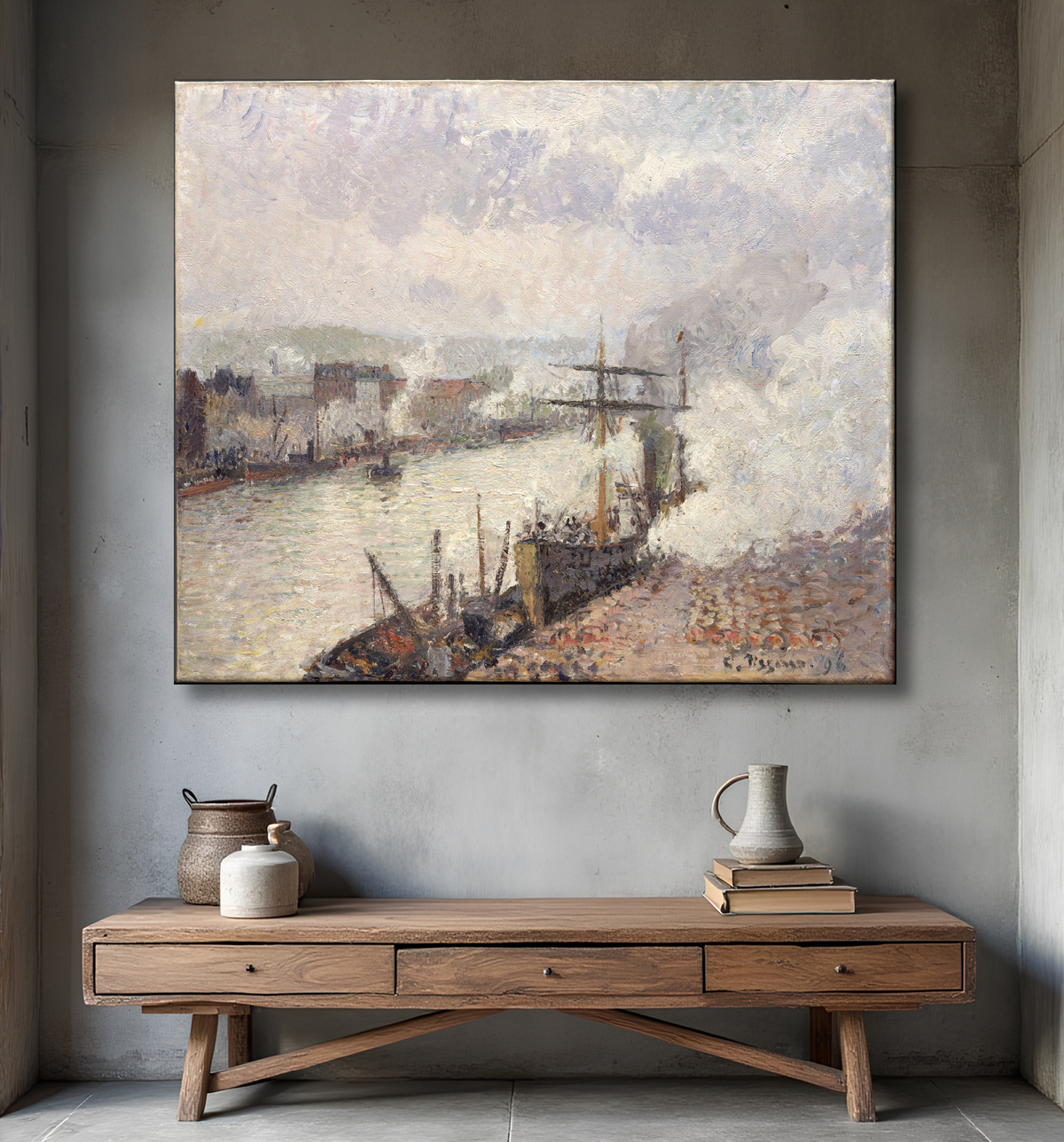 Reproduction Bateaux à vapeur dans le port de Rouen de Camille Pissarro avec decor