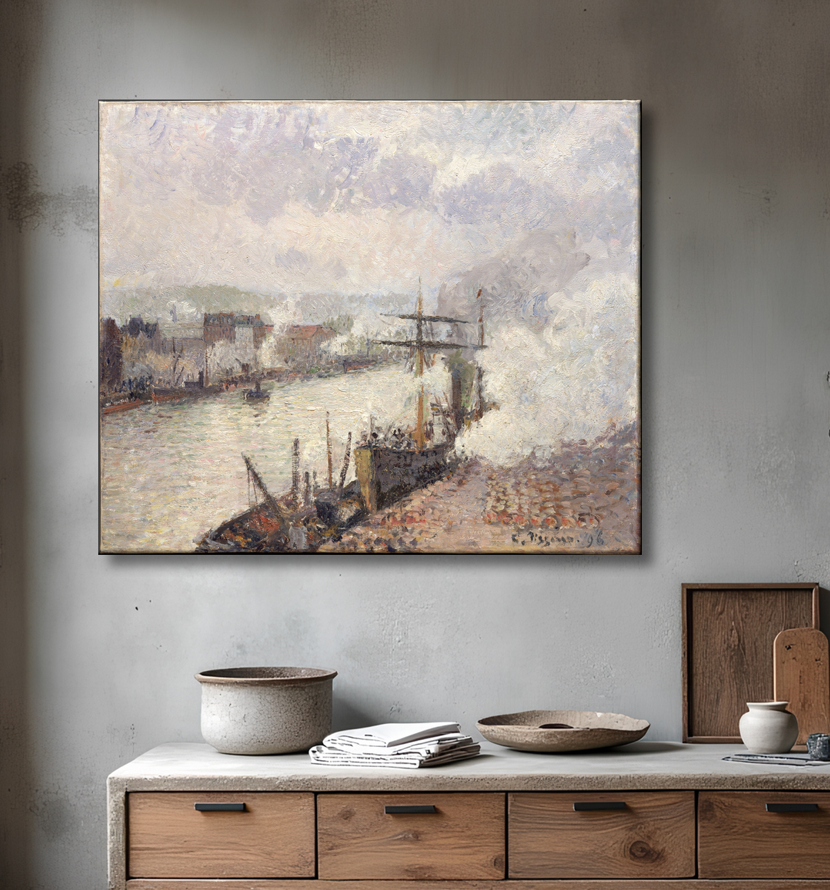 Reproduction Bateaux à vapeur dans le port de Rouen de Camille Pissarro avec decor