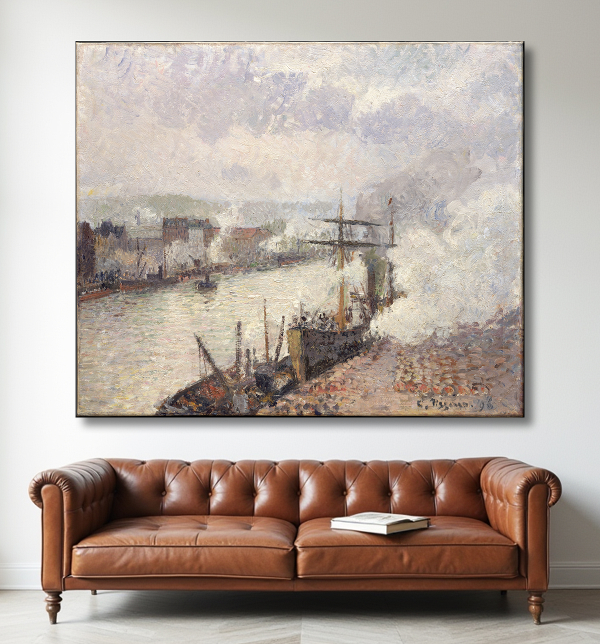 Reproduction Bateaux à vapeur dans le port de Rouen de Camille Pissarro avec decor