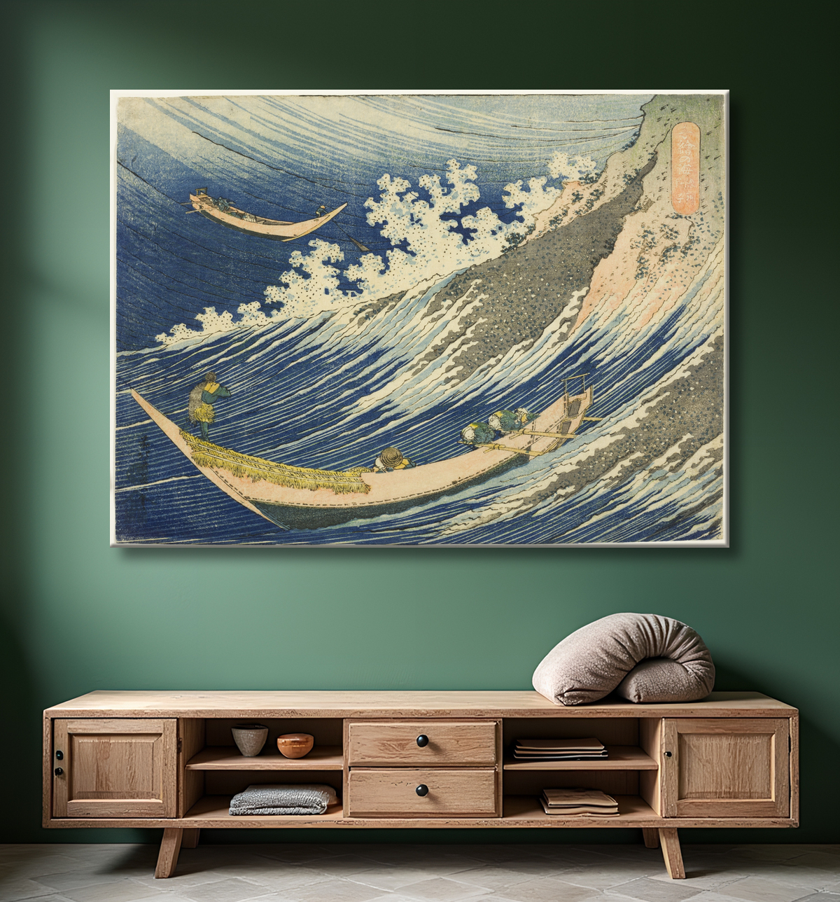 Reproduction Bateaux de pêche à Choshi à Shimosa (Soshu Choshi) de la série "Mille images de l'océan (Chie no umi)" de Katsushika Hokusai avec decor