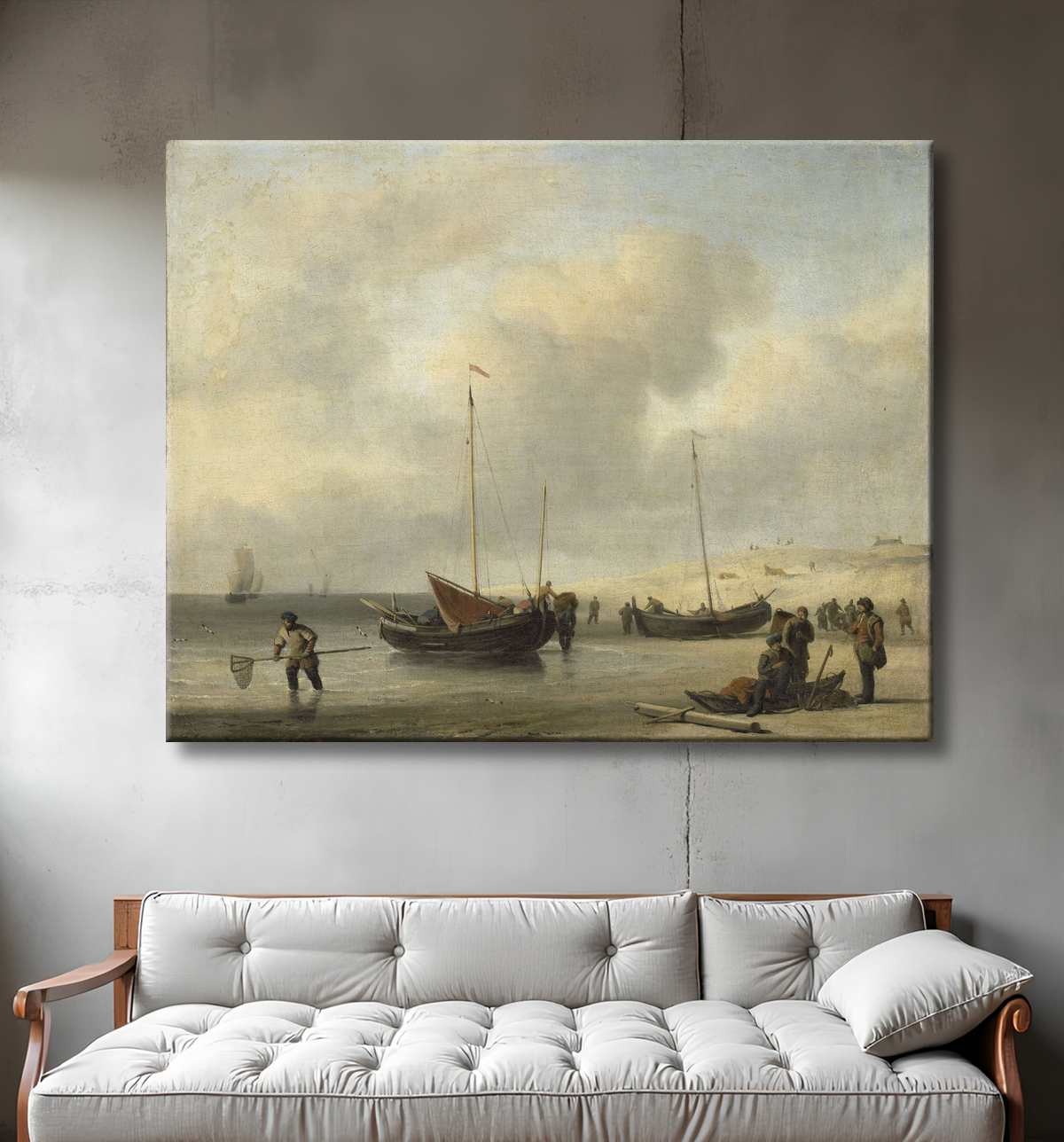 Reproduction Bateaux de pêche sur le rivage (Le rivage, déchargement d'un smack de pêche) de Willem van de Velde (II) avec decor
