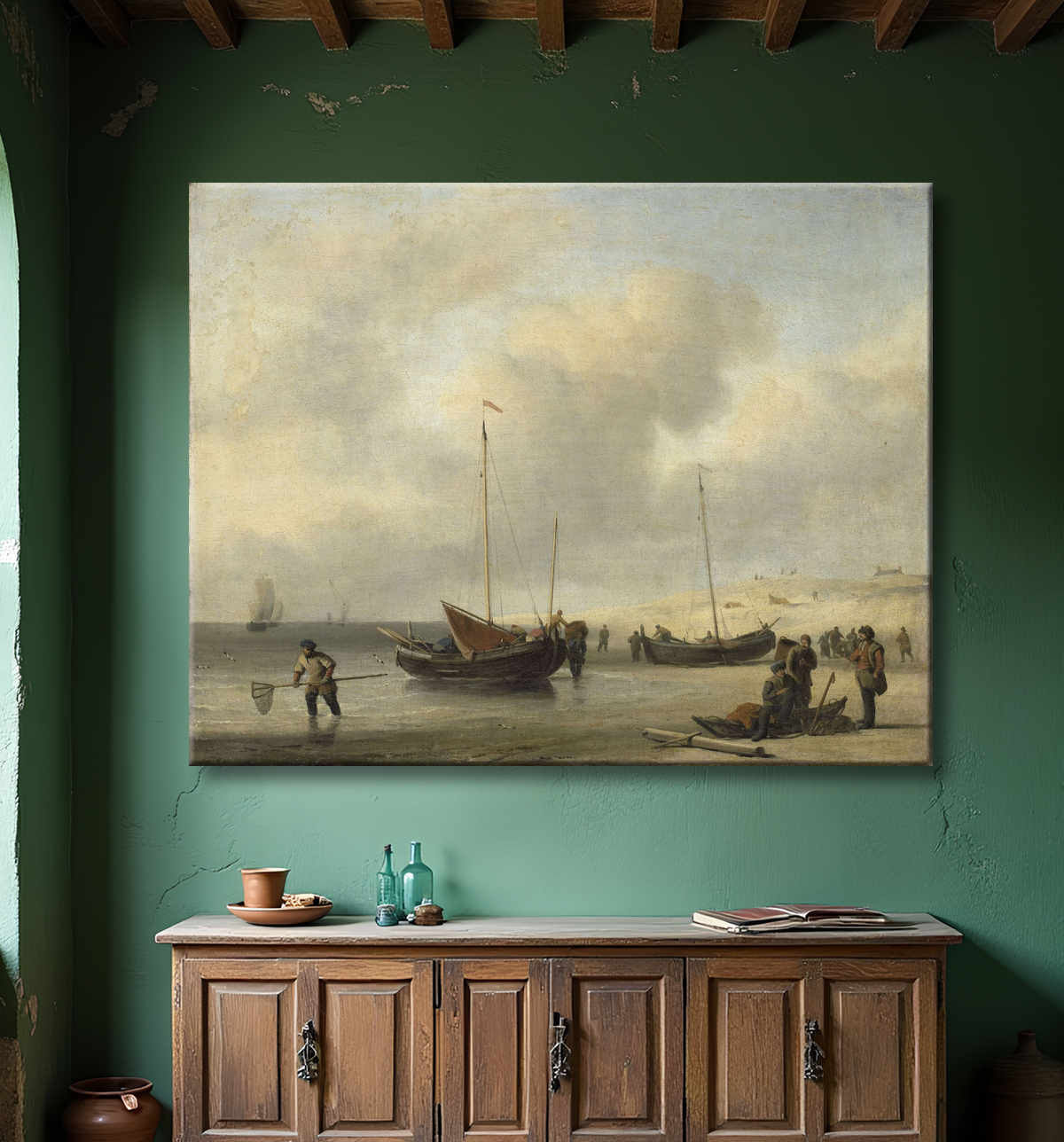 Reproduction Bateaux de pêche sur le rivage (Le rivage, déchargement d'un smack de pêche) de Willem van de Velde (II) avec decor