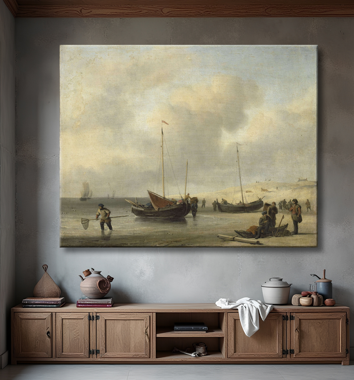 Reproduction Bateaux de pêche sur le rivage (Le rivage, déchargement d'un smack de pêche) de Willem van de Velde (II) avec decor