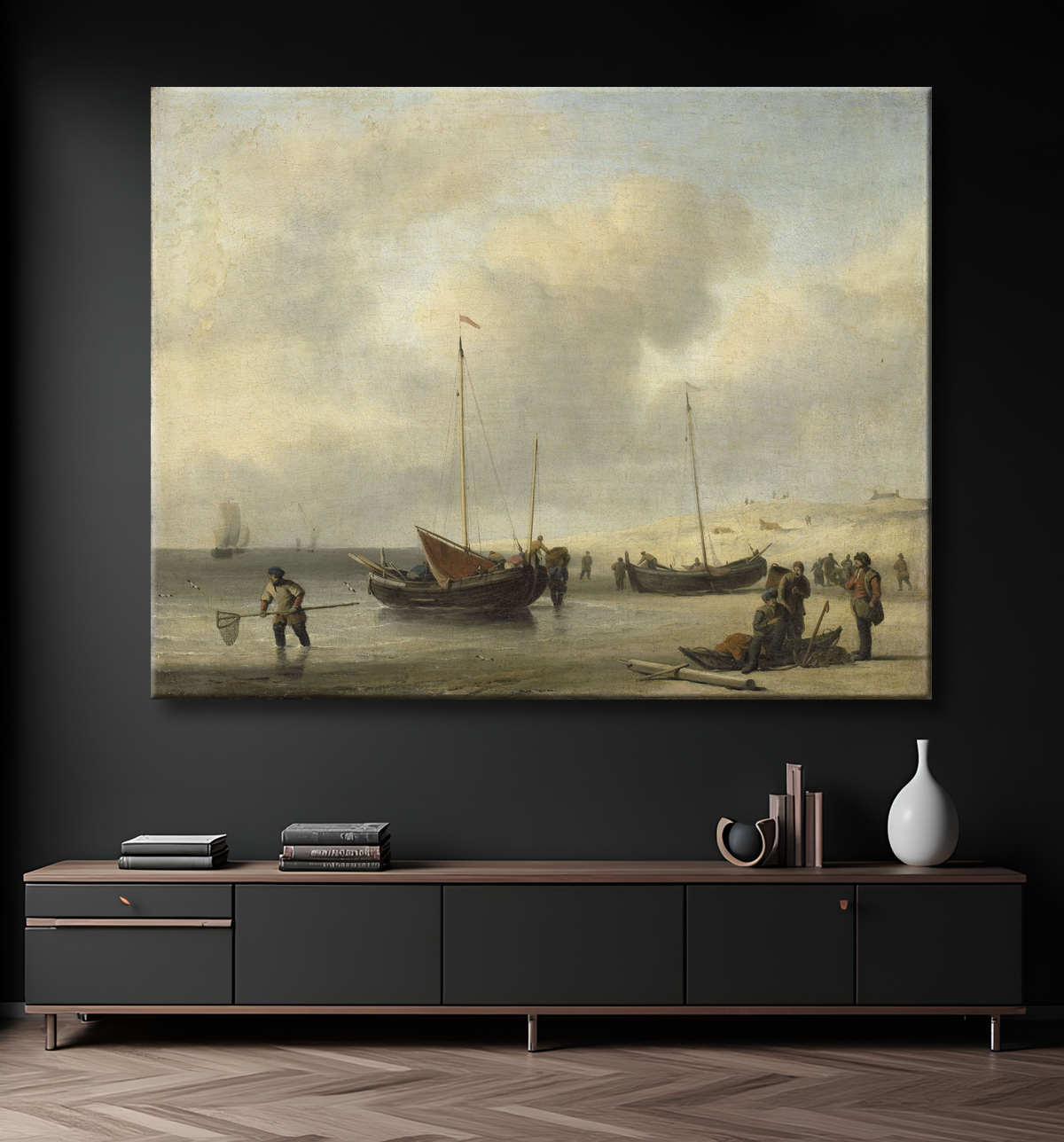 Reproduction Bateaux de pêche sur le rivage (Le rivage, déchargement d'un smack de pêche) de Willem van de Velde (II) avec decor