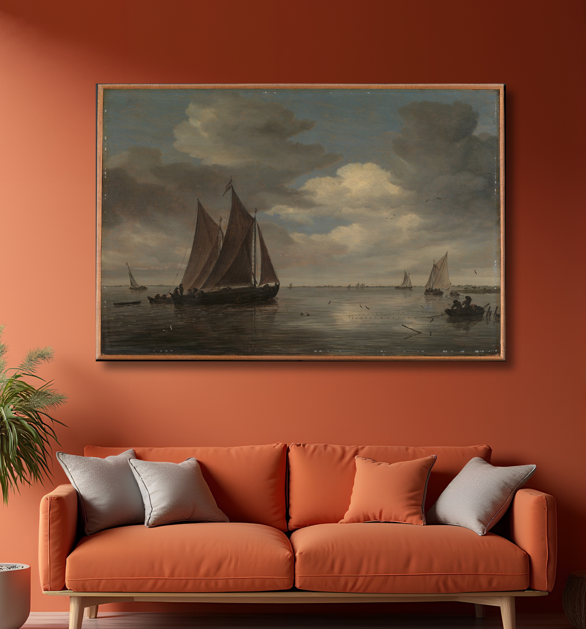 Reproduction Bateaux de pêche sur une rivière de Salomon van Ruysdael avec decor