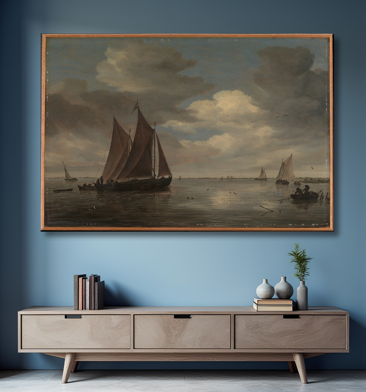 Reproduction Bateaux de pêche sur une rivière de Salomon van Ruysdael avec decor