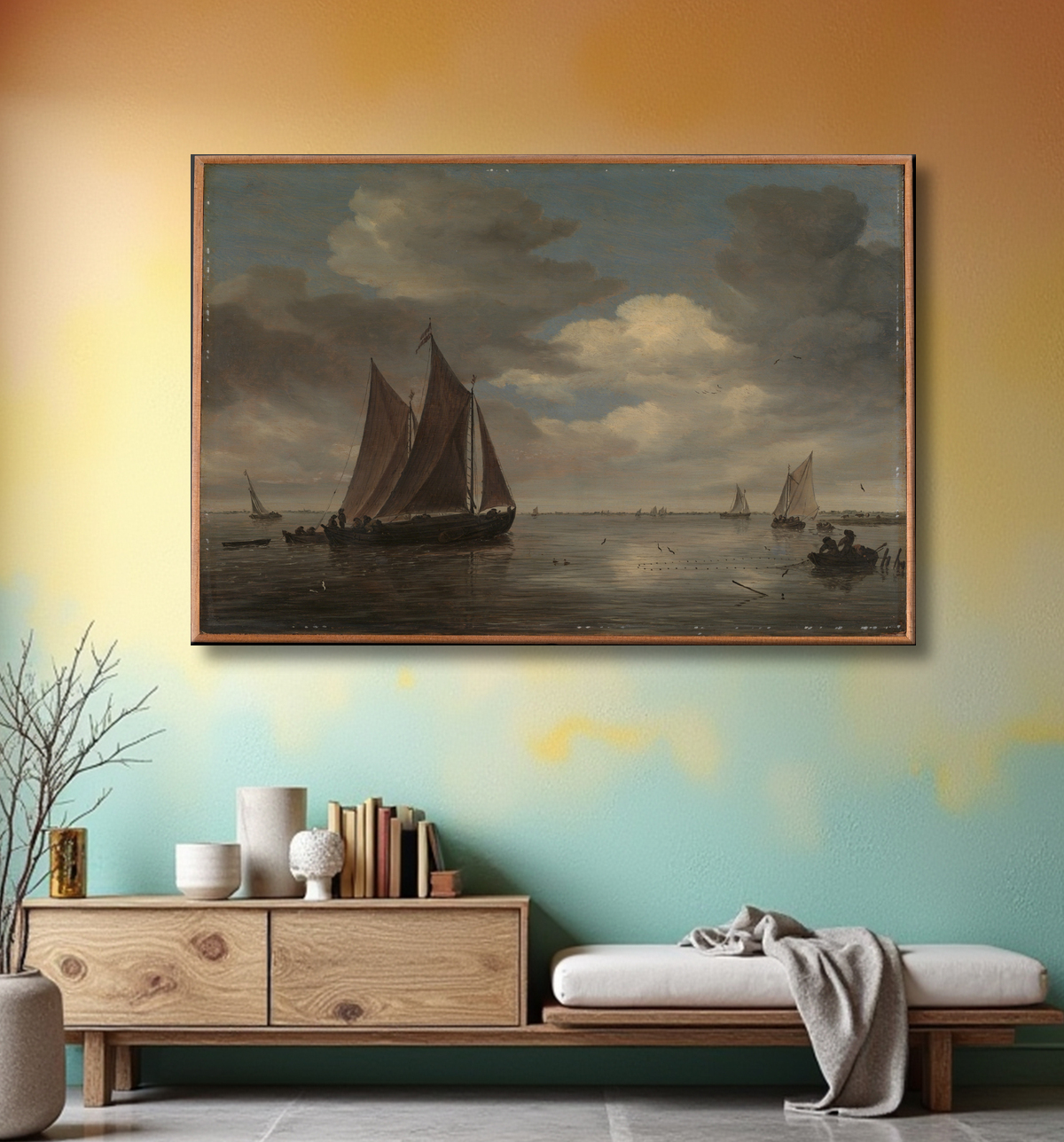 Reproduction Bateaux de pêche sur une rivière de Salomon van Ruysdael avec decor
