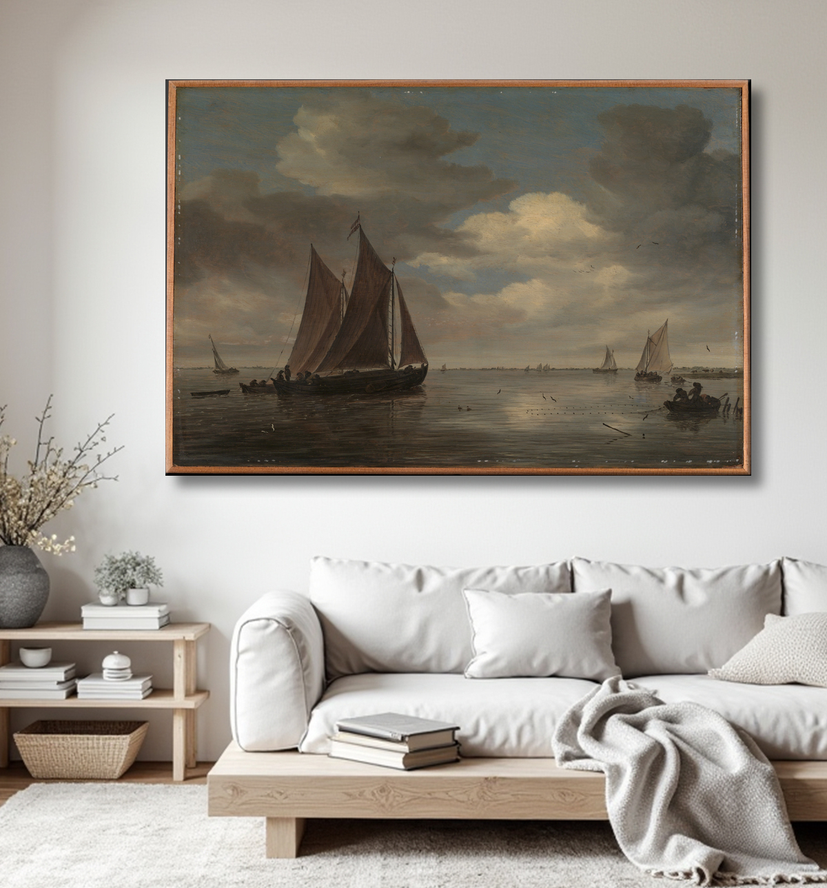 Reproduction Bateaux de pêche sur une rivière de Salomon van Ruysdael avec decor