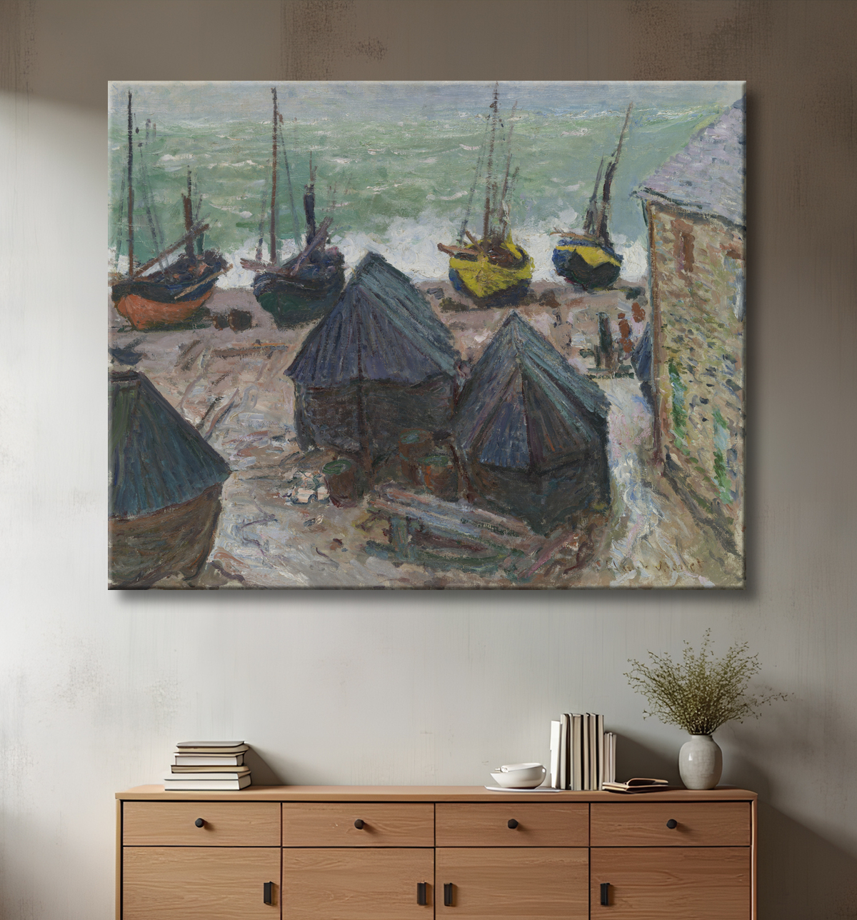 Reproduction Bateaux sur la plage d'Étretat de Claude Monet avec decor