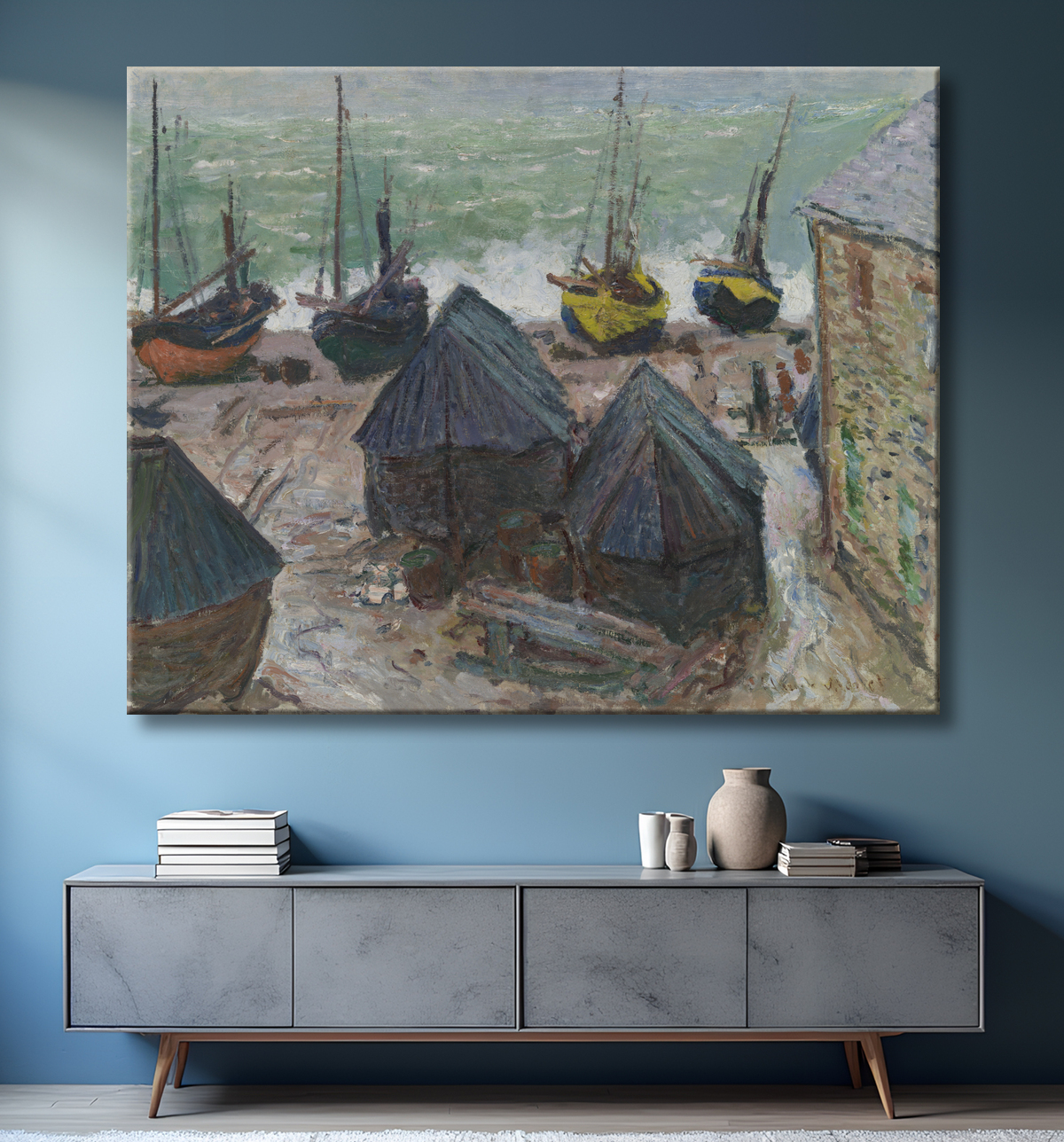 Reproduction Bateaux sur la plage d'Étretat de Claude Monet avec decor