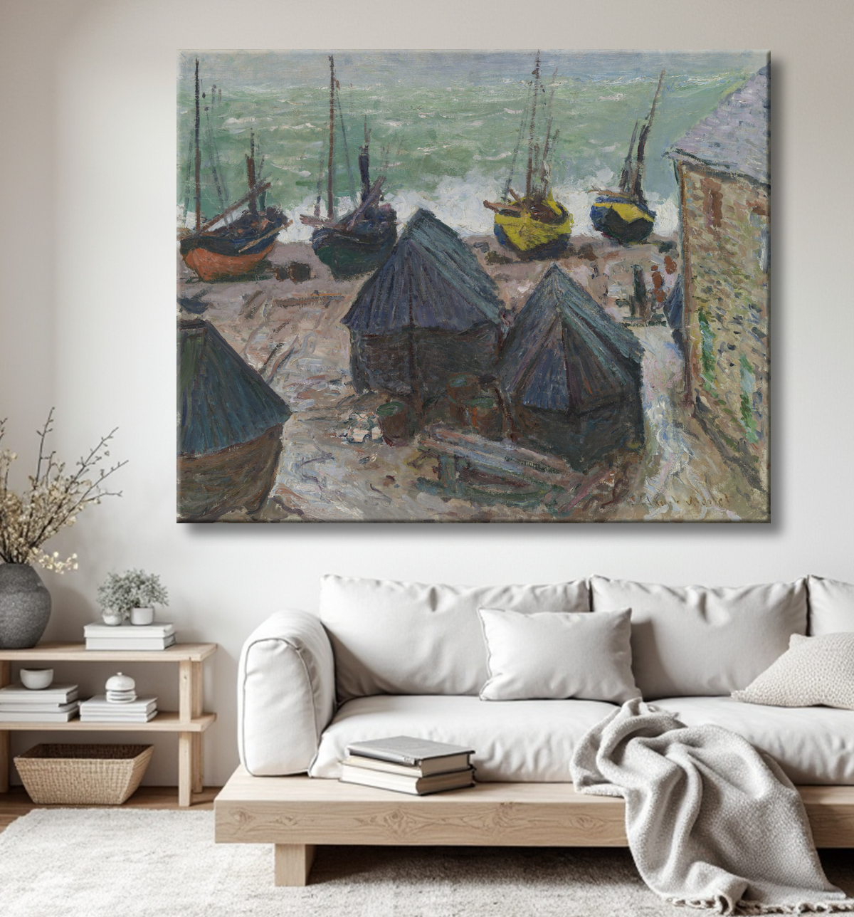 Reproduction Bateaux sur la plage d'Étretat de Claude Monet avec decor