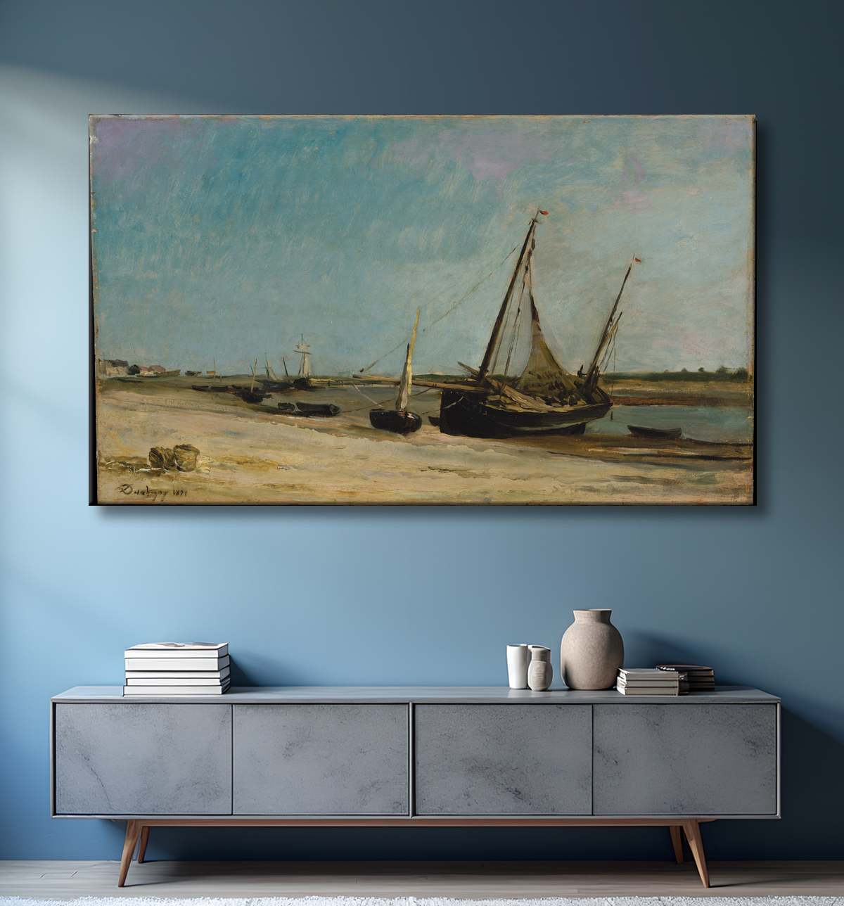Reproduction Bateaux sur le littoral à Étaples de Charles-François Daubigny avec decor
