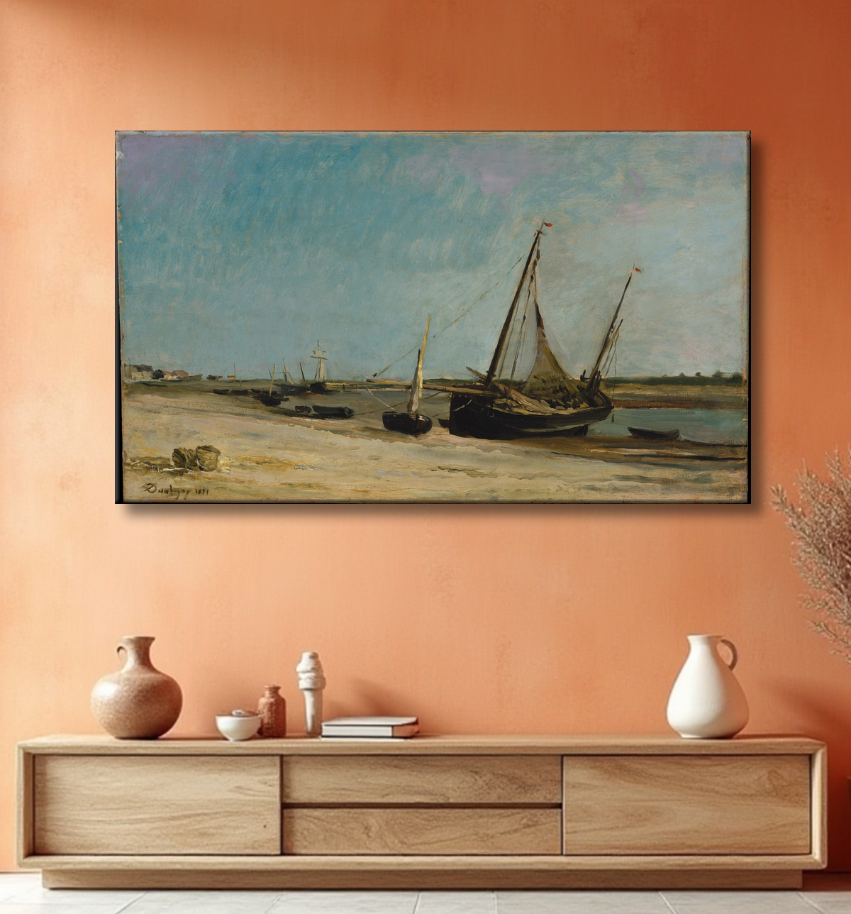 Reproduction Bateaux sur le littoral à Étaples de Charles-François Daubigny avec decor