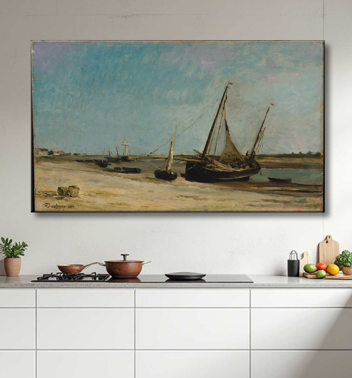 Reproduction Bateaux sur le littoral à Étaples de Charles-François Daubigny avec decor