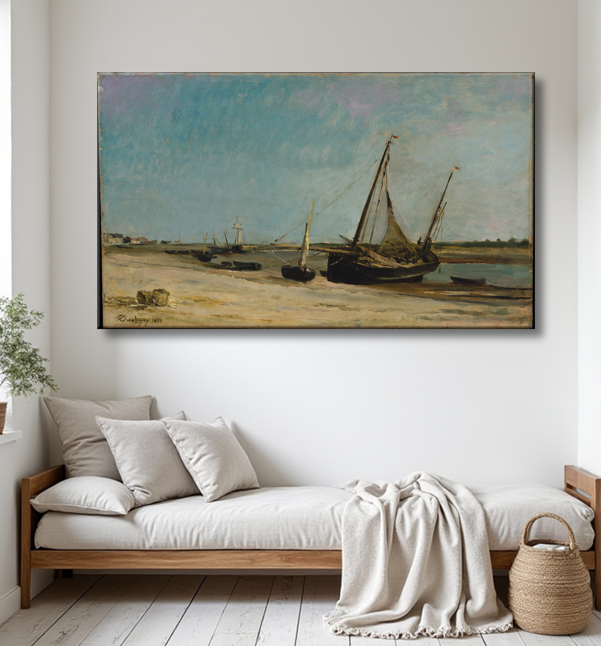 Reproduction Bateaux sur le littoral à Étaples de Charles-François Daubigny avec decor