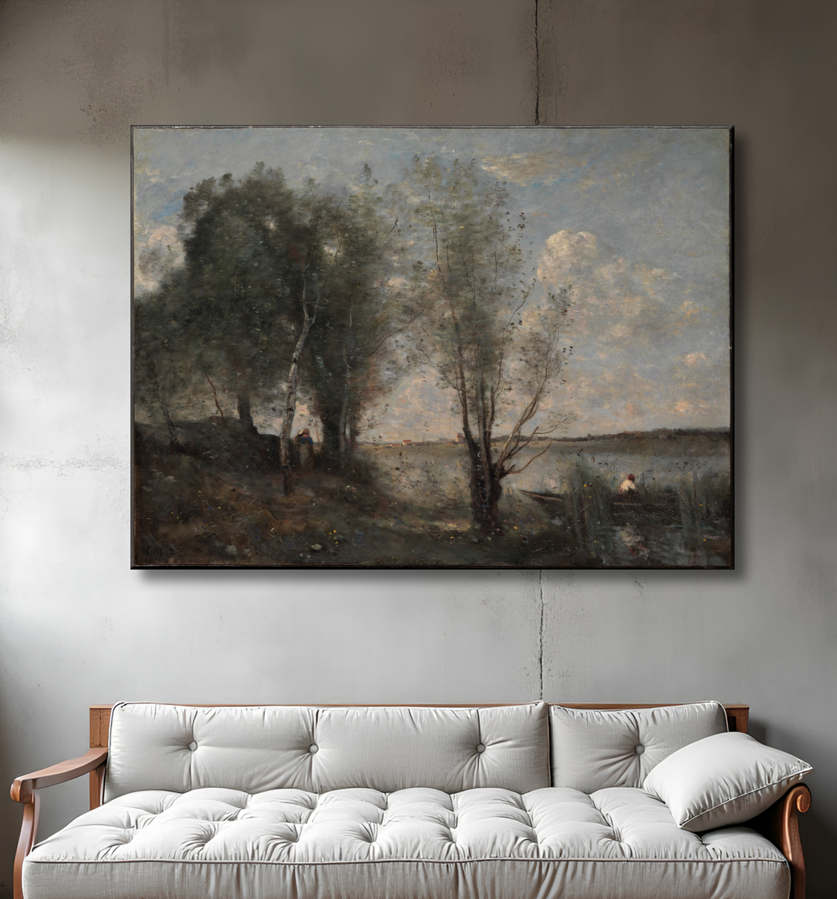 Reproduction Batelier parmi les roseaux de Camille Corot avec decor