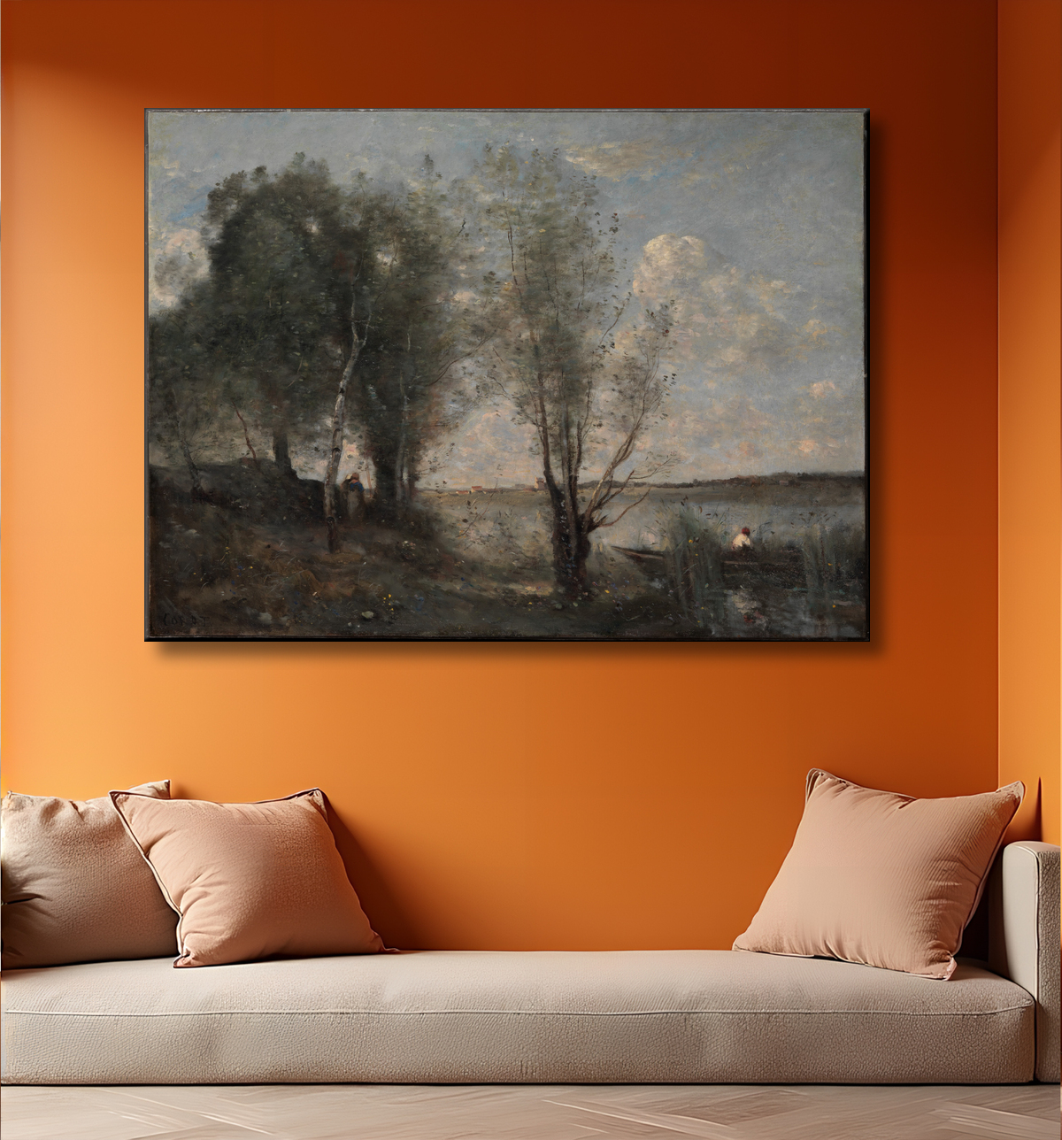 Reproduction Batelier parmi les roseaux de Camille Corot avec decor