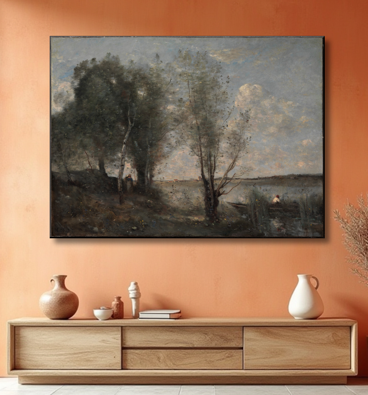 Reproduction Batelier parmi les roseaux de Camille Corot avec decor