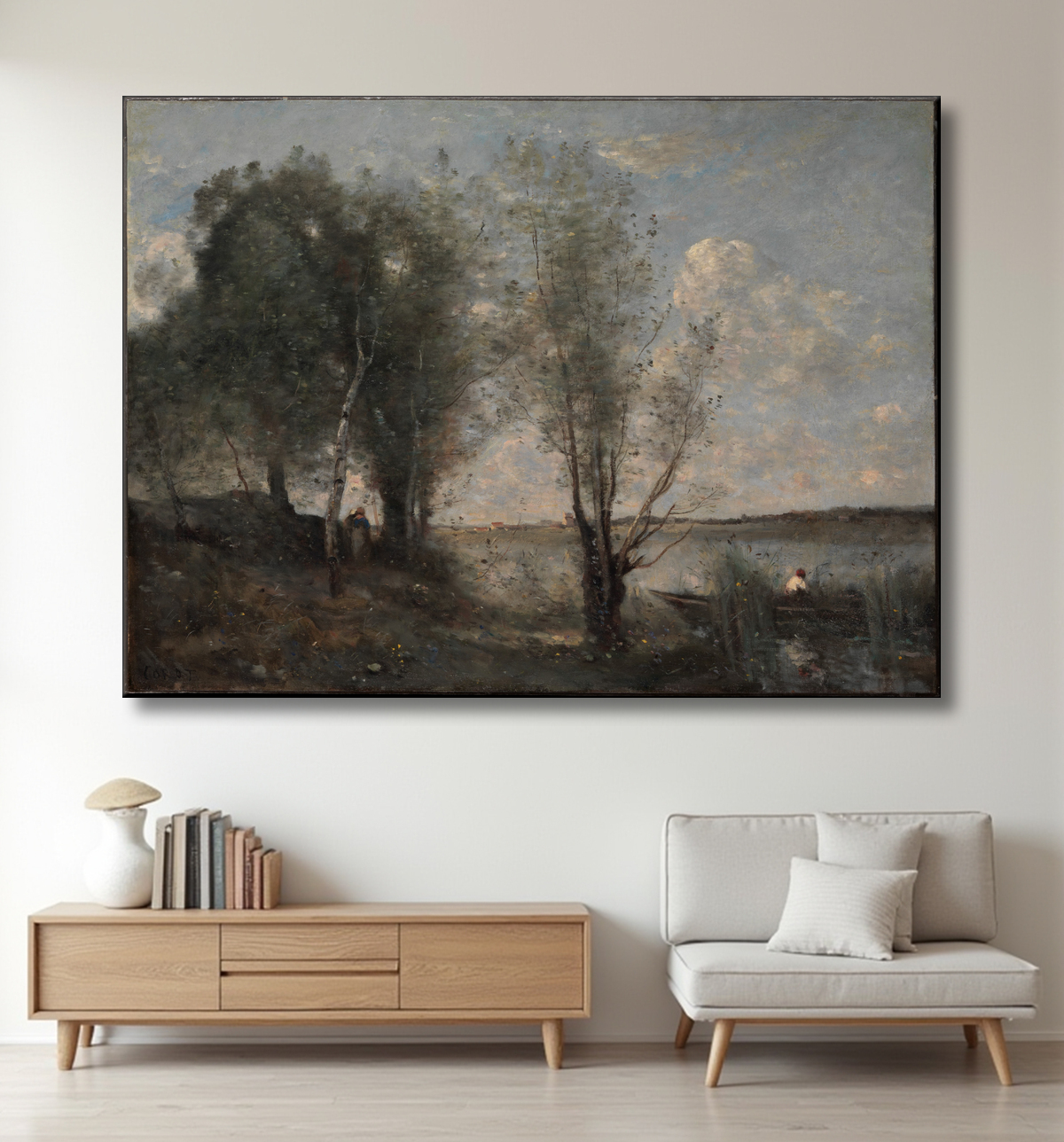 Reproduction Batelier parmi les roseaux de Camille Corot avec decor