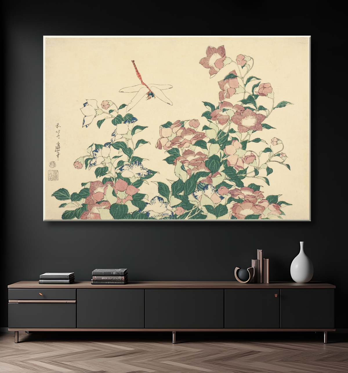 Reproduction Bell-Flower et Dragonfly, d'une série sans titre de grandes fleurs de Katsushika Hokusai avec decor