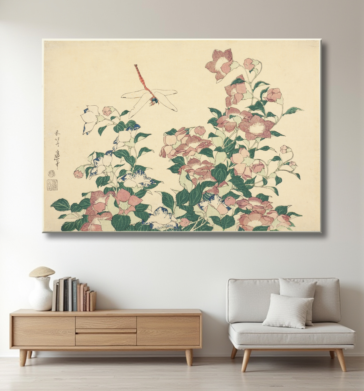 Reproduction Bell-Flower et Dragonfly, d'une série sans titre de grandes fleurs de Katsushika Hokusai avec decor