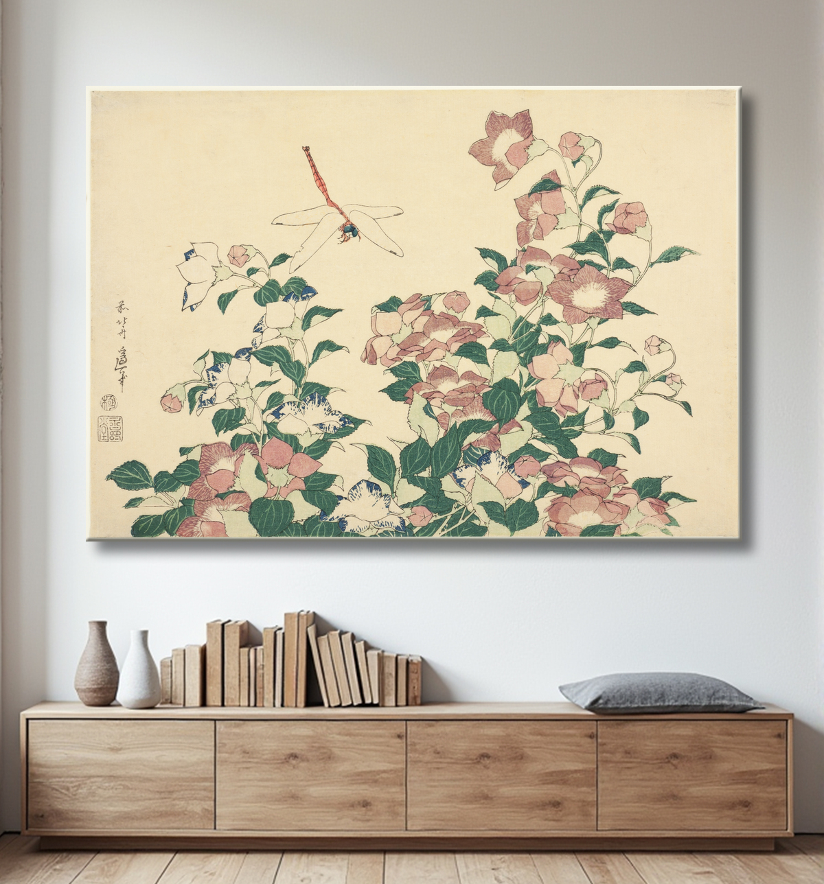 Reproduction Bell-Flower et Dragonfly, d'une série sans titre de grandes fleurs de Katsushika Hokusai avec decor