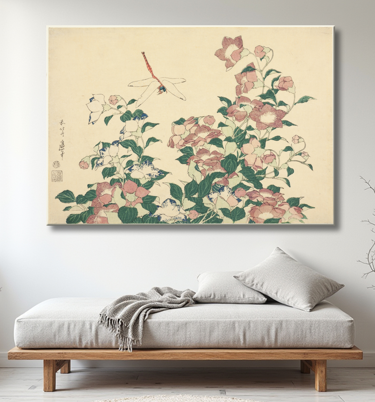 Reproduction Bell-Flower et Dragonfly, d'une série sans titre de grandes fleurs de Katsushika Hokusai avec decor