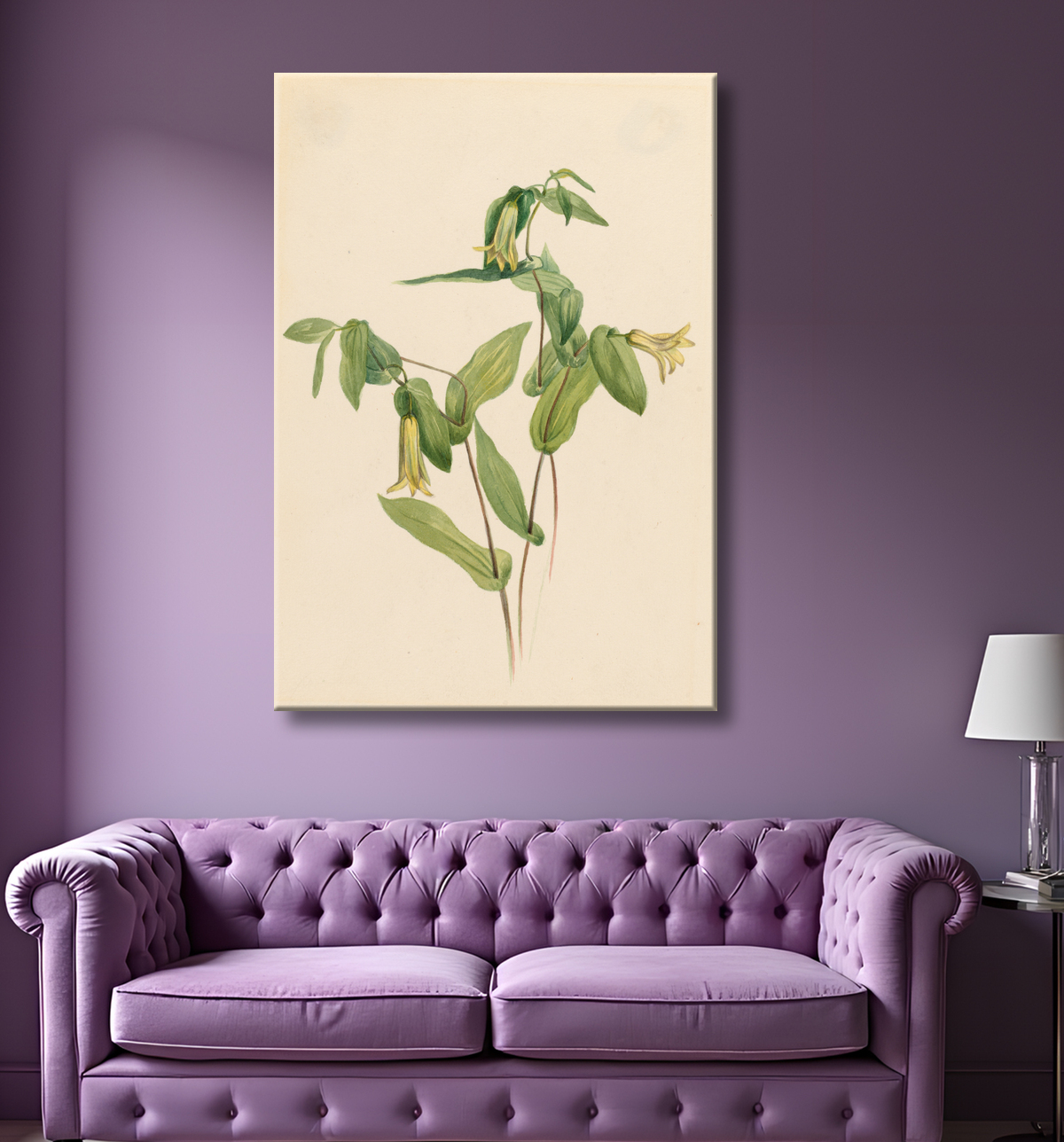 Reproduction Bois Merrybells (Uvularia perfoliata) de Mary Vaux Walcott, born Philadelphia, PA 1860-died St. Andrews, New Brunswick, Canada 1940 avec decor