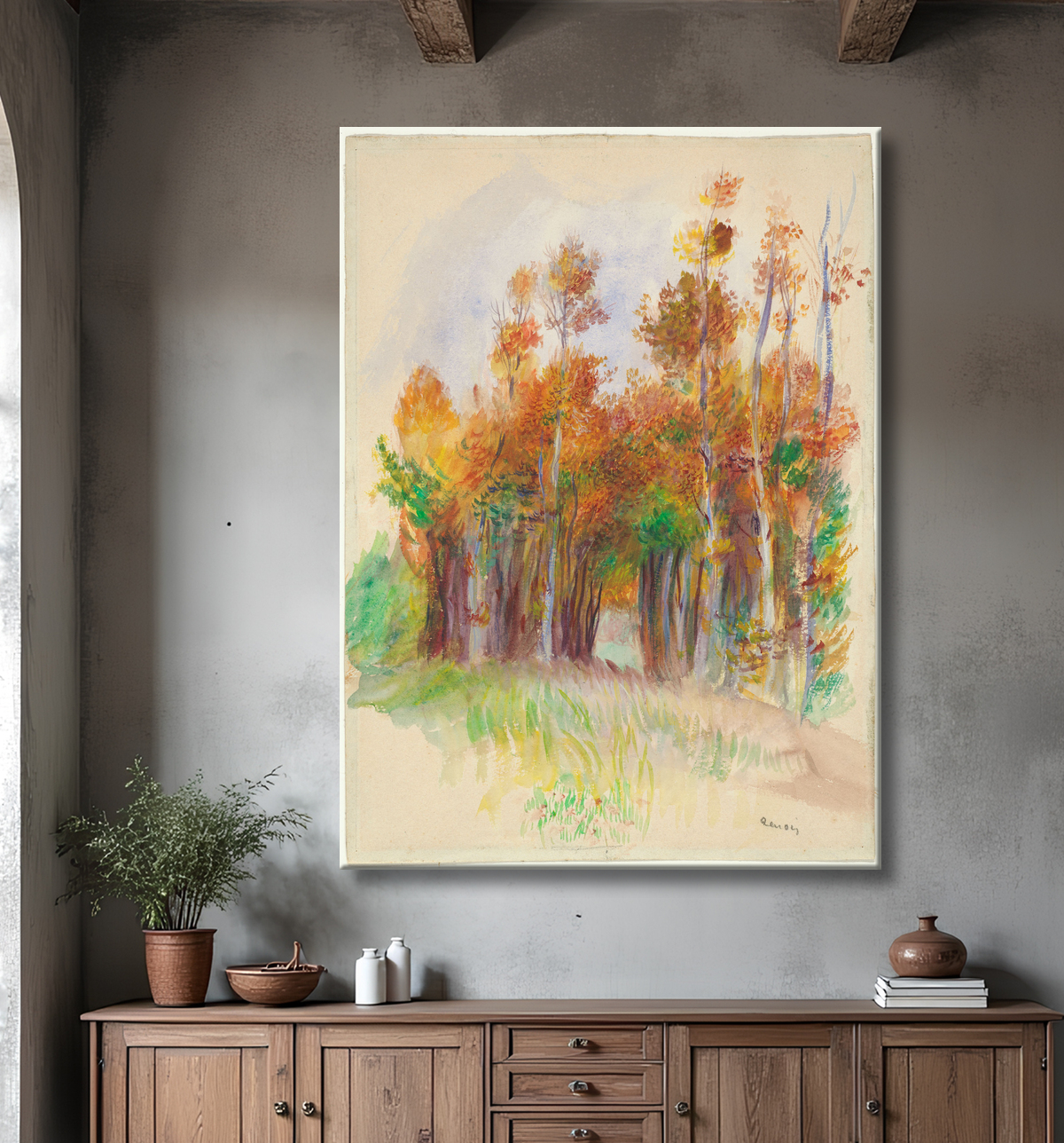 Reproduction Bosquet d'arbres de Pierre-Auguste Renoir avec decor