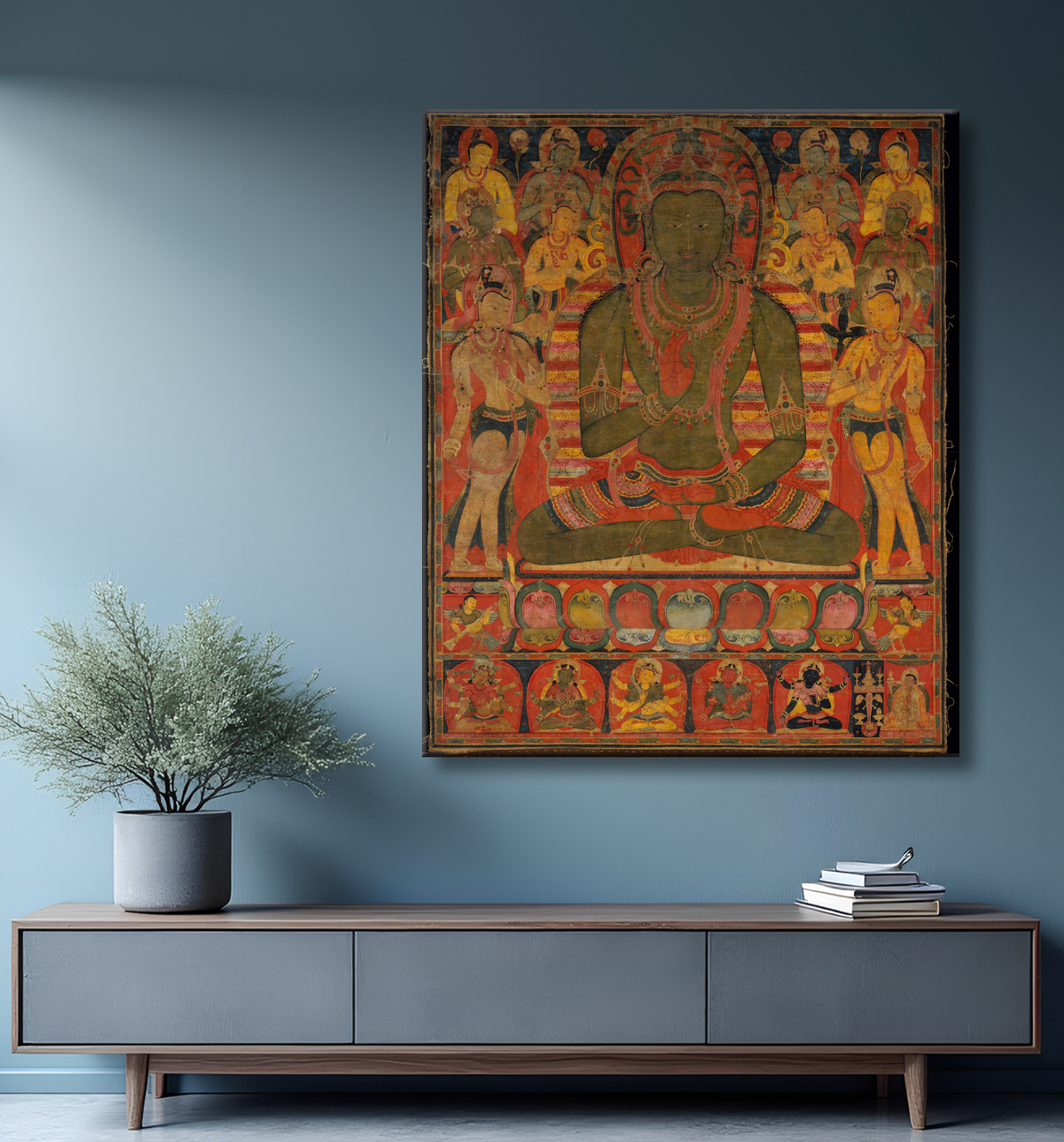 Reproduction Bouddha Amoghasiddhi avec huit bodhisattvas avec decor