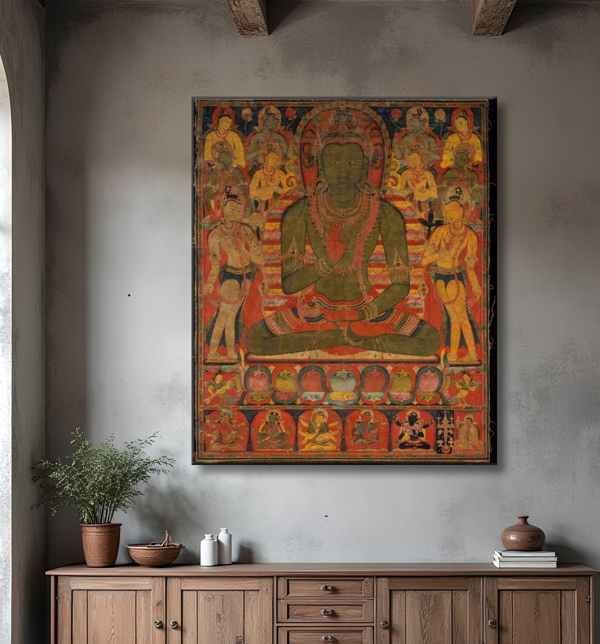 Reproduction Bouddha Amoghasiddhi avec huit bodhisattvas avec decor