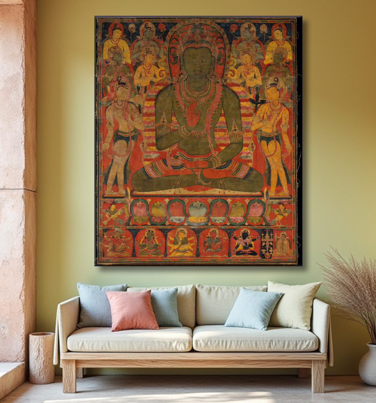 Reproduction Bouddha Amoghasiddhi avec huit bodhisattvas avec decor