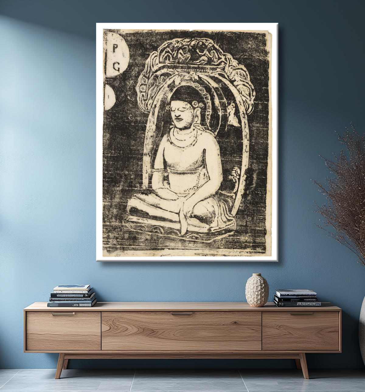Reproduction Bouddha, de la suite des estampes tardives de Paul Gauguin avec decor