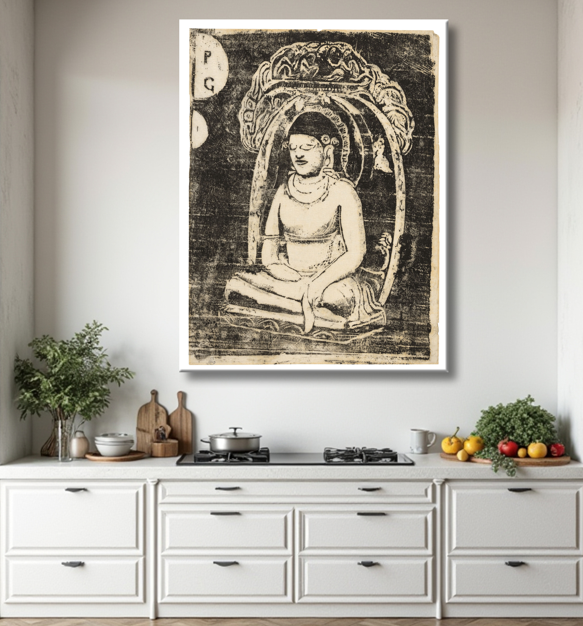 Reproduction Bouddha, de la suite des estampes tardives de Paul Gauguin avec decor