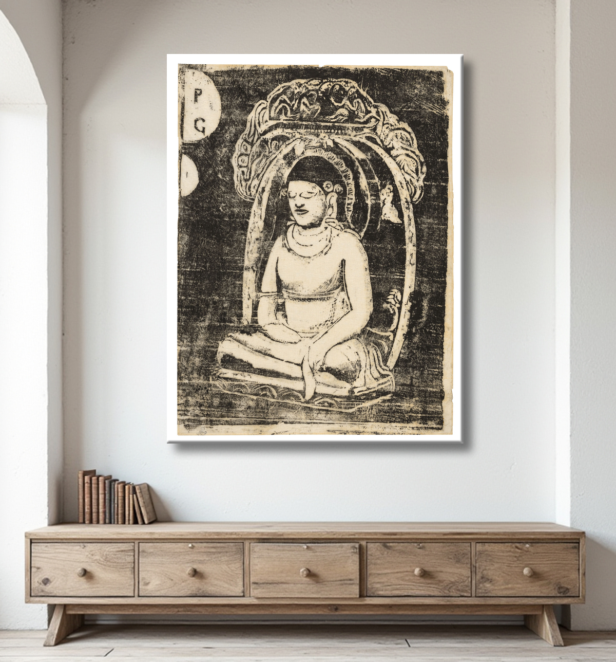 Reproduction Bouddha, de la suite des estampes tardives de Paul Gauguin avec decor