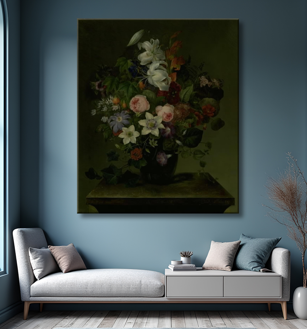 Affiche encadrée haut de gamme d'art made in France ou toile imprimée. Bouquet de fleurs avec grognement et lierre...