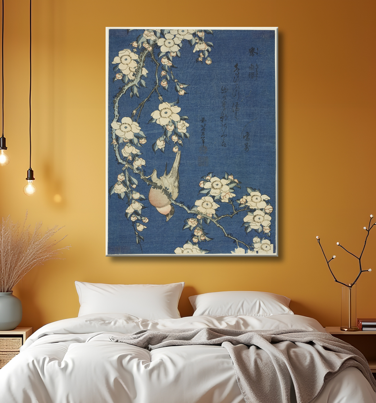 Reproduction Bouvreuil et cerisier pleureur (Uso, shidarezakura), d'une série sans titre de fleurs et d'oiseaux de Katsushika Hokusai avec decor