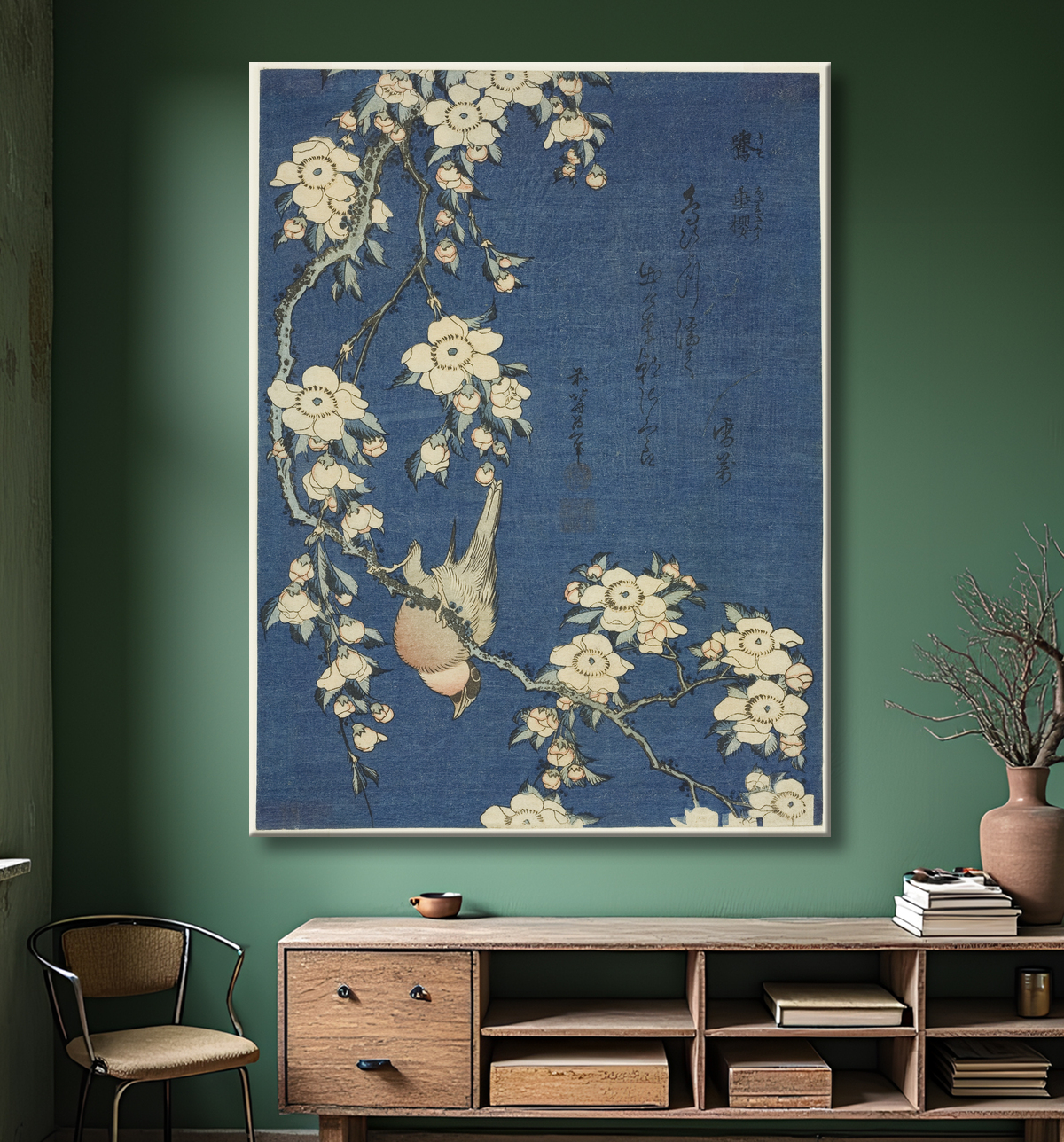 Reproduction Bouvreuil et cerisier pleureur (Uso, shidarezakura), d'une série sans titre de fleurs et d'oiseaux de Katsushika Hokusai avec decor