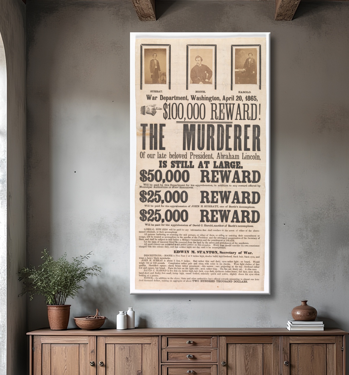 Reproduction [Broadside pour la capture de John Wilkes Booth, John Surratt et David Herold] de Unknown avec decor