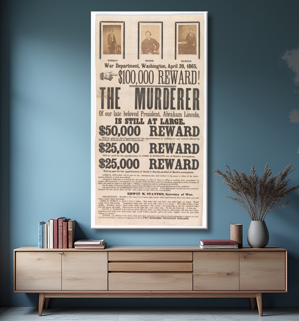 Reproduction [Broadside pour la capture de John Wilkes Booth, John Surratt et David Herold] de Unknown avec decor